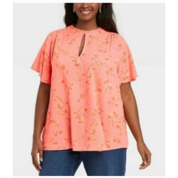 Ava & Viv Women's Plus Size 2X Coral Floral Blouse Rayon short sleeve - Picture 1 of 7